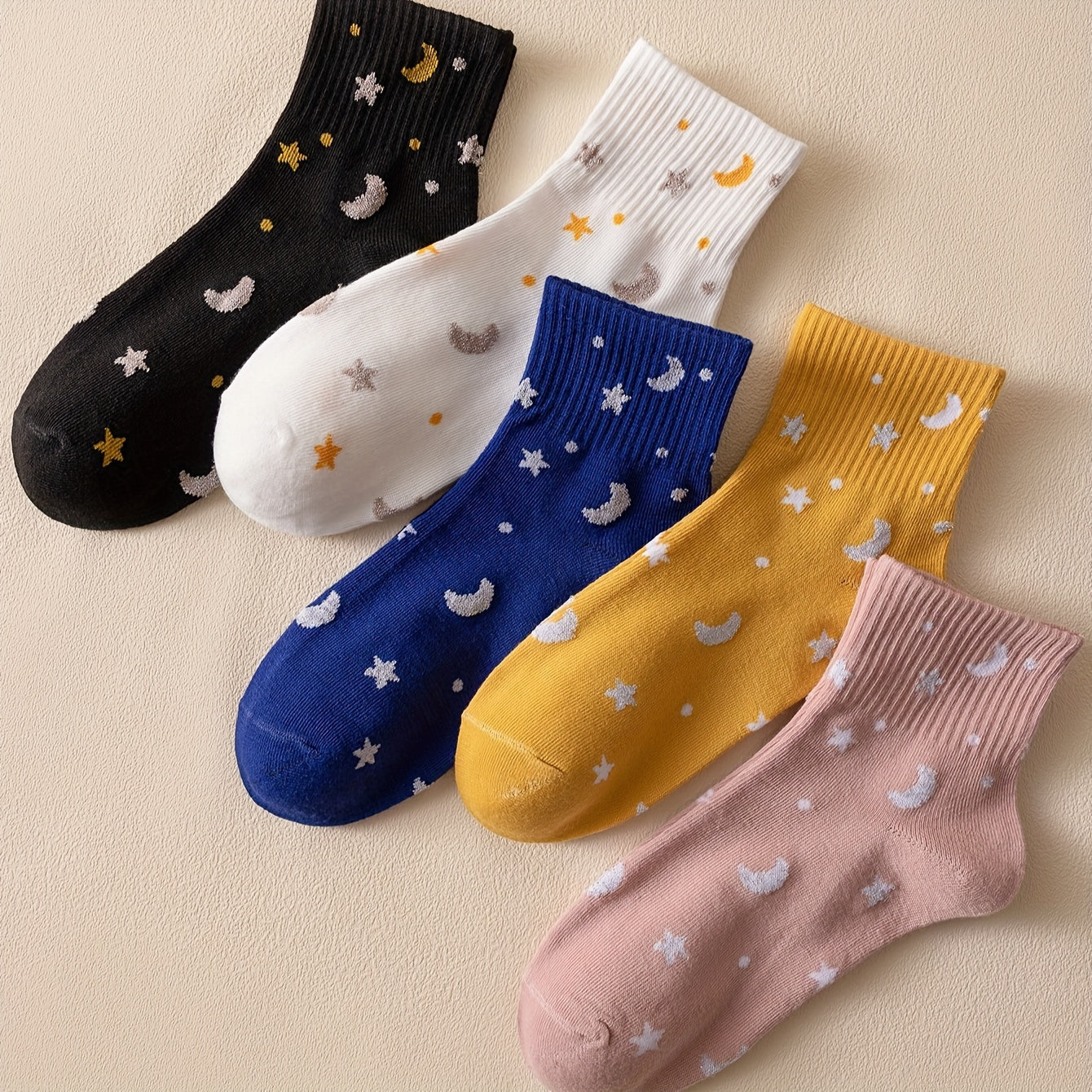 5 Pairs Star & Moon Pattern Ribbed Short Socks Women's Stockings