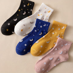 5 Pairs Star & Moon Pattern Ribbed Short Socks Women's Stockings