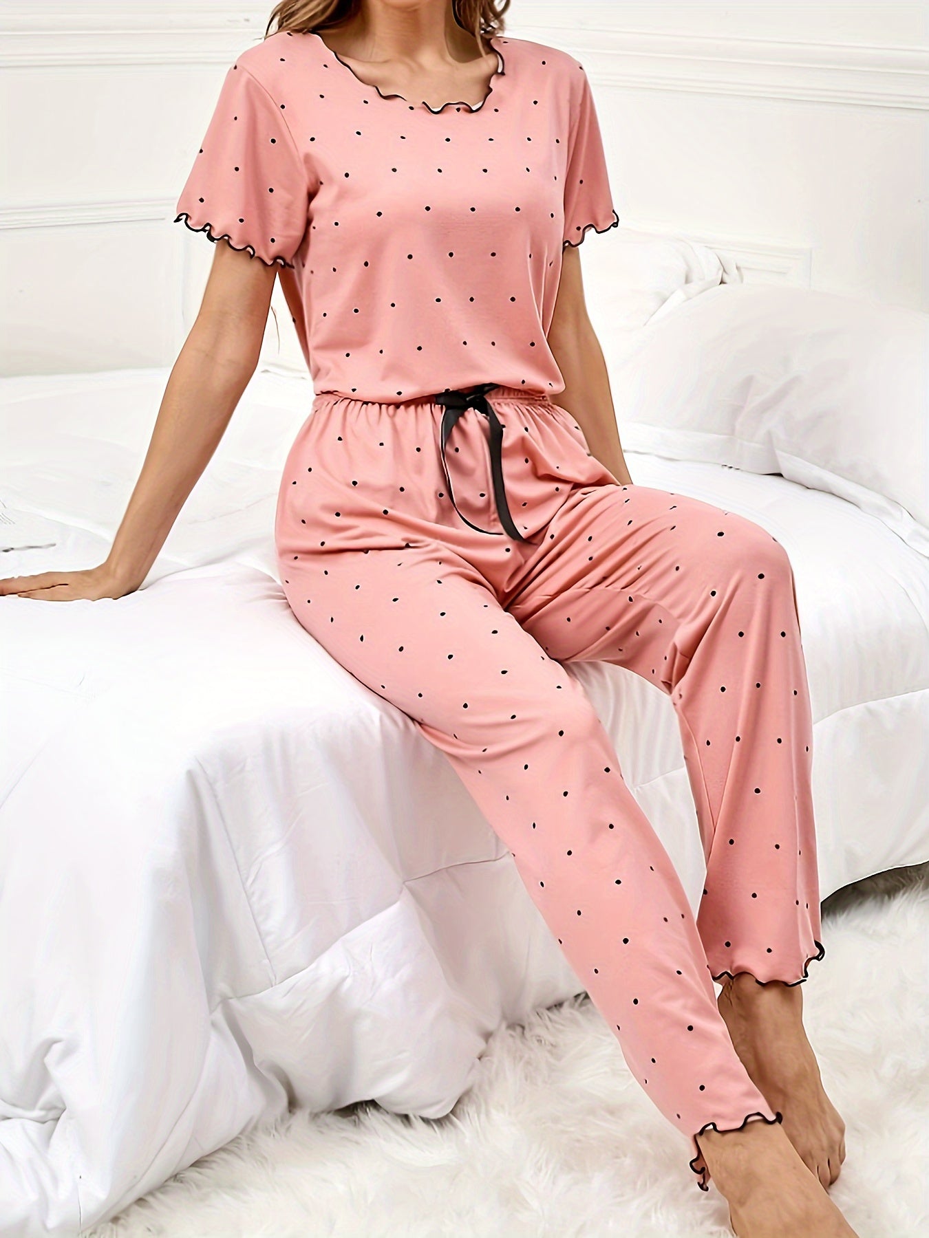 Polka Dot Print Pajama Set Short Sleeve Top & Elastic Waistband Pants