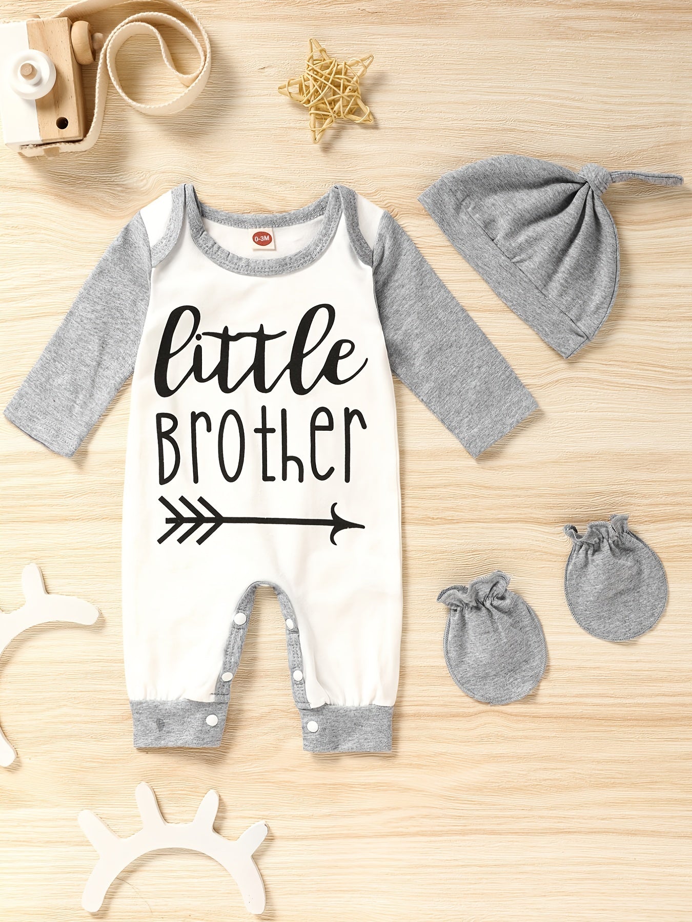 Newborn Infant Letter Romper Set Long Sleeve Jumpsuit & Hat & Gloves