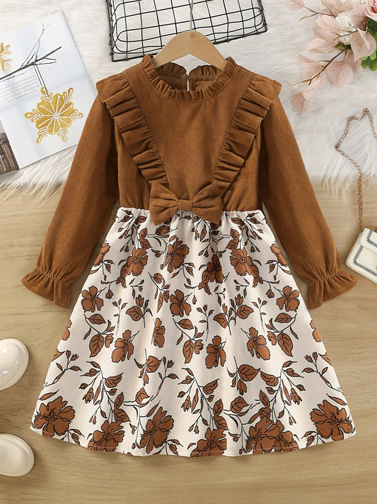 Girls Ribbed Ruffle Dress Floral Print Long Sleeve Round Neck Kids Clothes