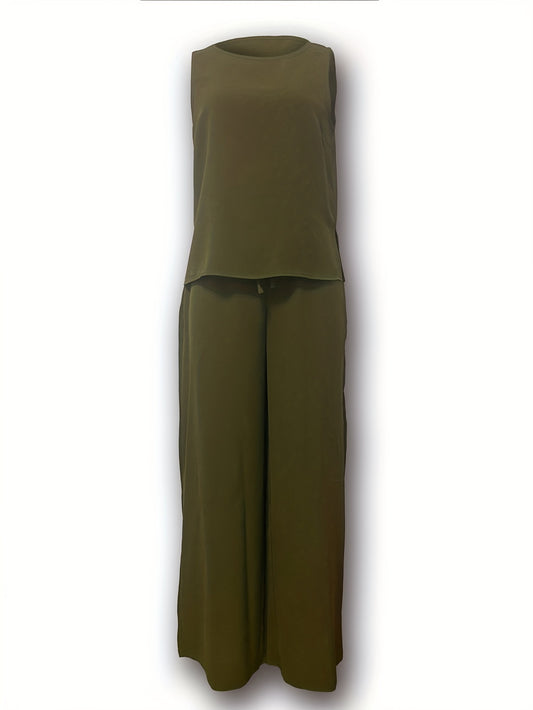 Casual Two-Piece Pants Set Side Split Tank Top & Wide Leg Pants