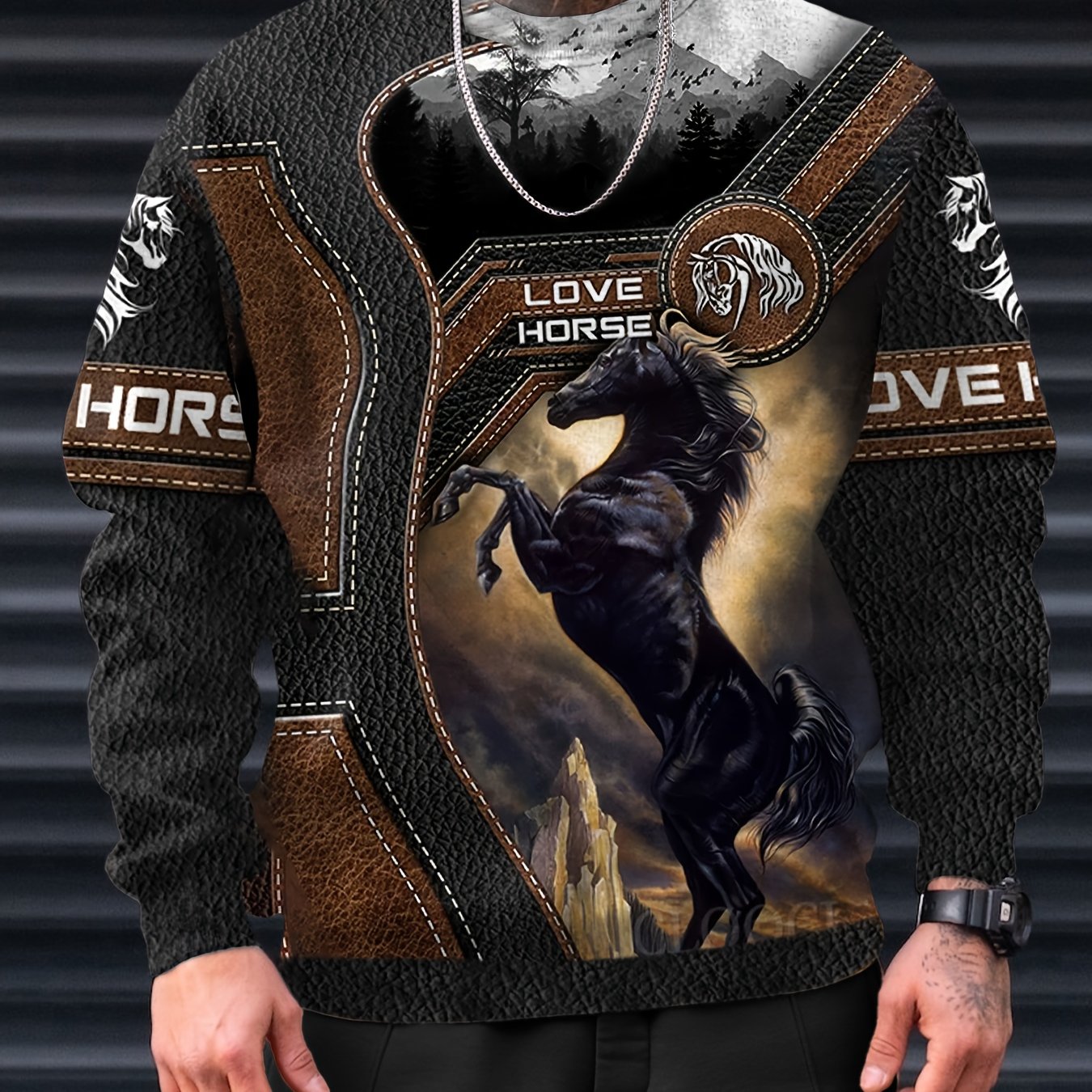 Horse 3D Print Men's Graphic Round Neck Sweatshirt Loose Pullover
