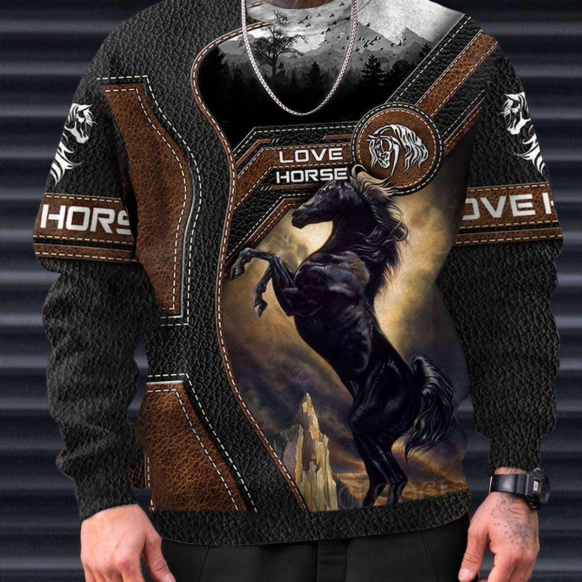 Horse 3D Print Men's Graphic Round Neck Sweatshirt Loose Pullover