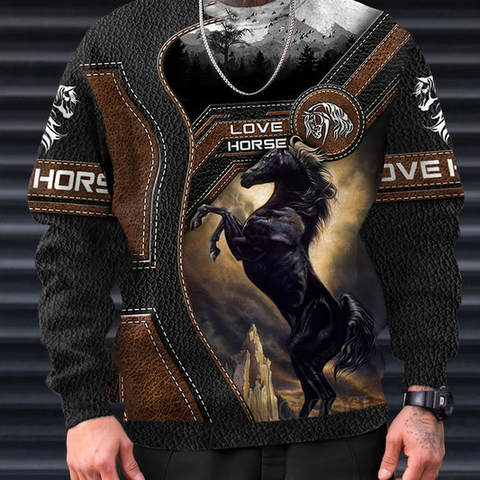 Horse 3D Print Men's Graphic Round Neck Sweatshirt Loose Pullover