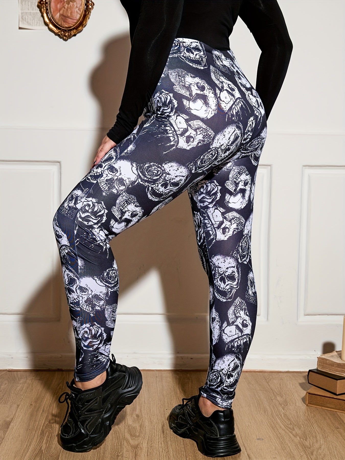  Skull & Floral Print High Rise Fitness Leggings