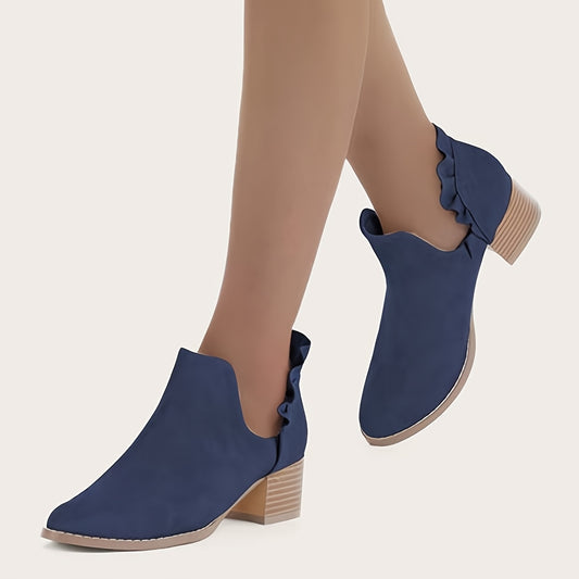 Women's Ruffle Cutout Ankle Boots, Chunky Stacked Heel Slip On