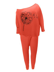  Dandelion Print One Shoulder Tunic Top & Leggings Set