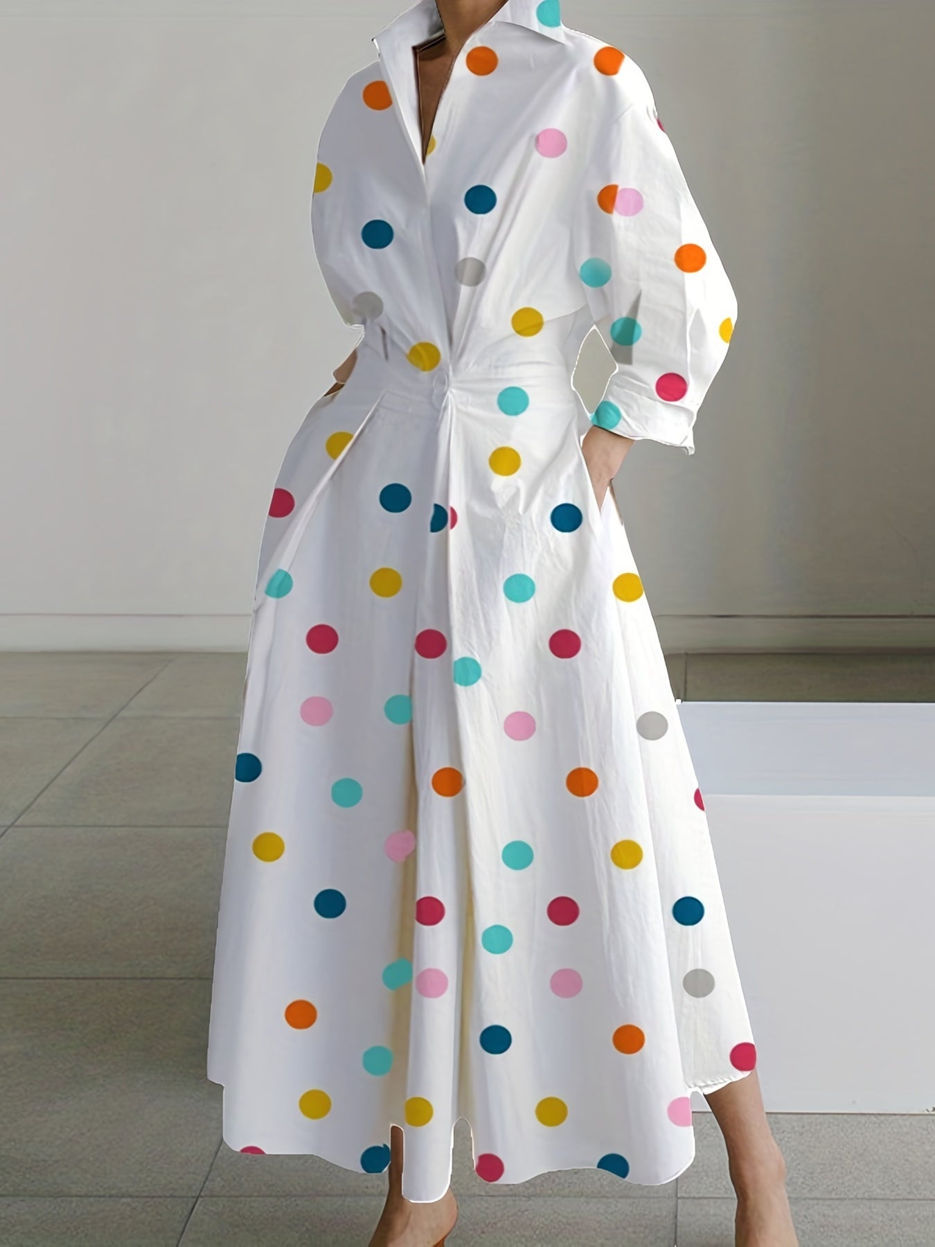  Colorful Dot Print Long Sleeve Maxi Shirt Dress