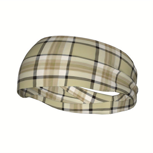 Vintage Plaid Headband Beige & Brown Checkered Pattern Elastic Fit