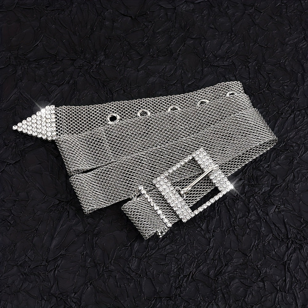 Metal Net Hollow Punk Belt with Rhinestone Buckle