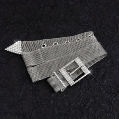 Metal Net Hollow Punk Belt with Rhinestone Buckle