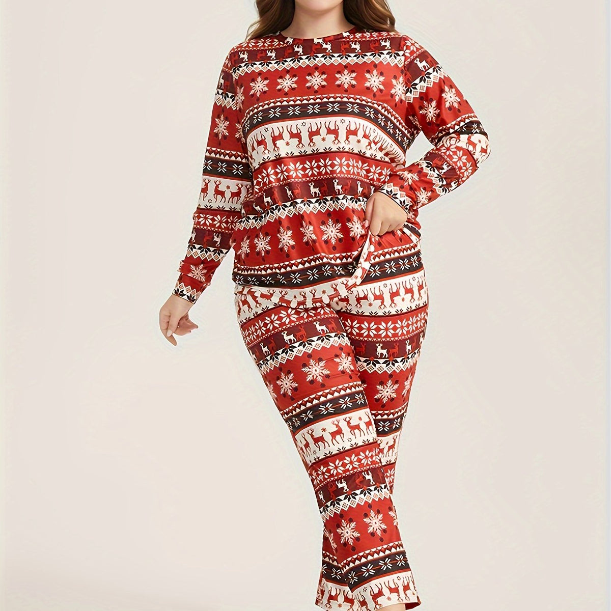  Christmas Casual Loungewear Set with Elk & Snowflake Print Tee & Pants