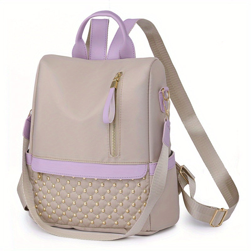 Oxford Cloth Backpack Purse Studded Decor Convertible Shoulder Bag