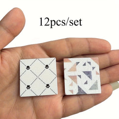 12pcs Mini Interlocking Floor Tiles with Printed Patterns for Mini Scene