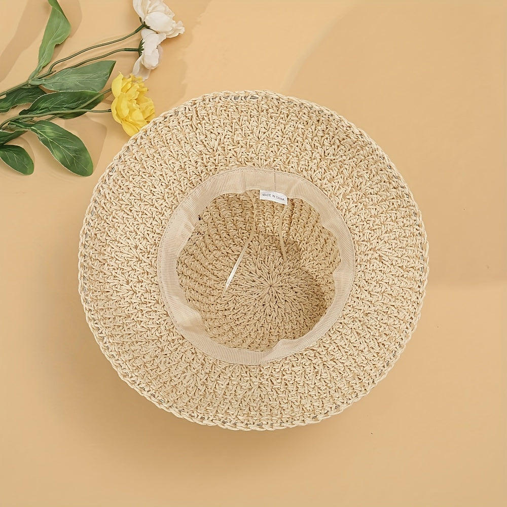 Beige Crochet Straw Bucket Hat Flower Decor Hollow Breathable