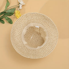 Beige Crochet Straw Bucket Hat Flower Decor Hollow Breathable