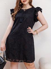  Lace Ruffle Sleeve Round Neck Tassel Tie Dress
