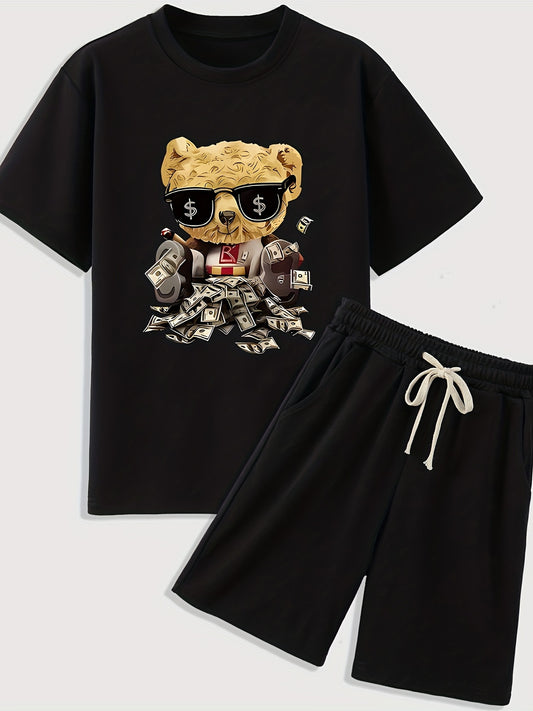 Boys Cartoon Cash Bear Pattern 2pcs T shirt & Drawstring Shorts Set