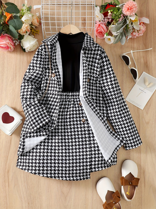 Girls' 3pcs Coat & Turtleneck Top & Skirts Set Houndstooth Print