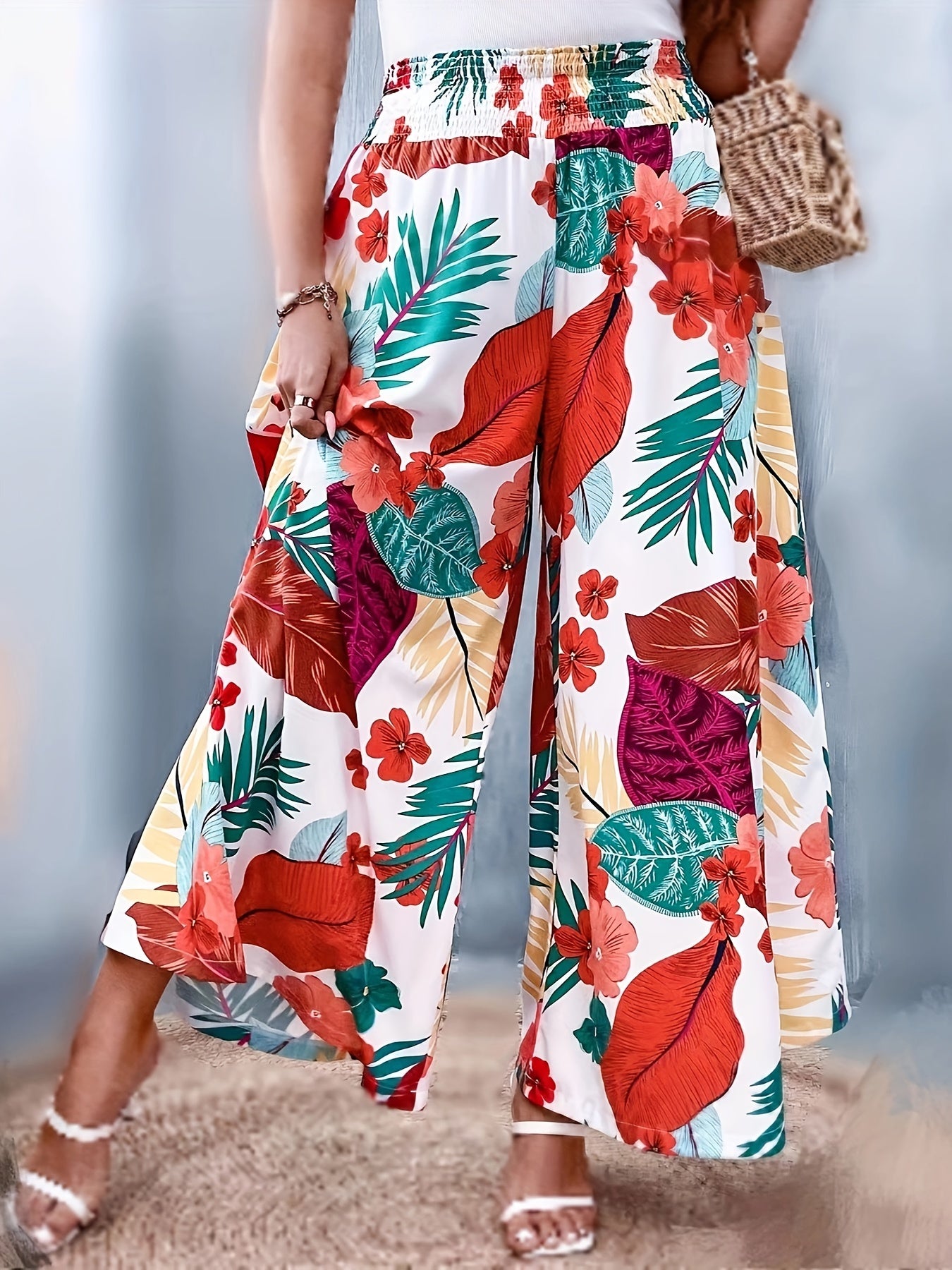  Tropical Print High Rise Wide Leg Trousers