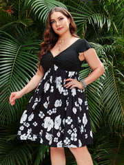  Colorblock Floral Print Cap Sleeve Dress