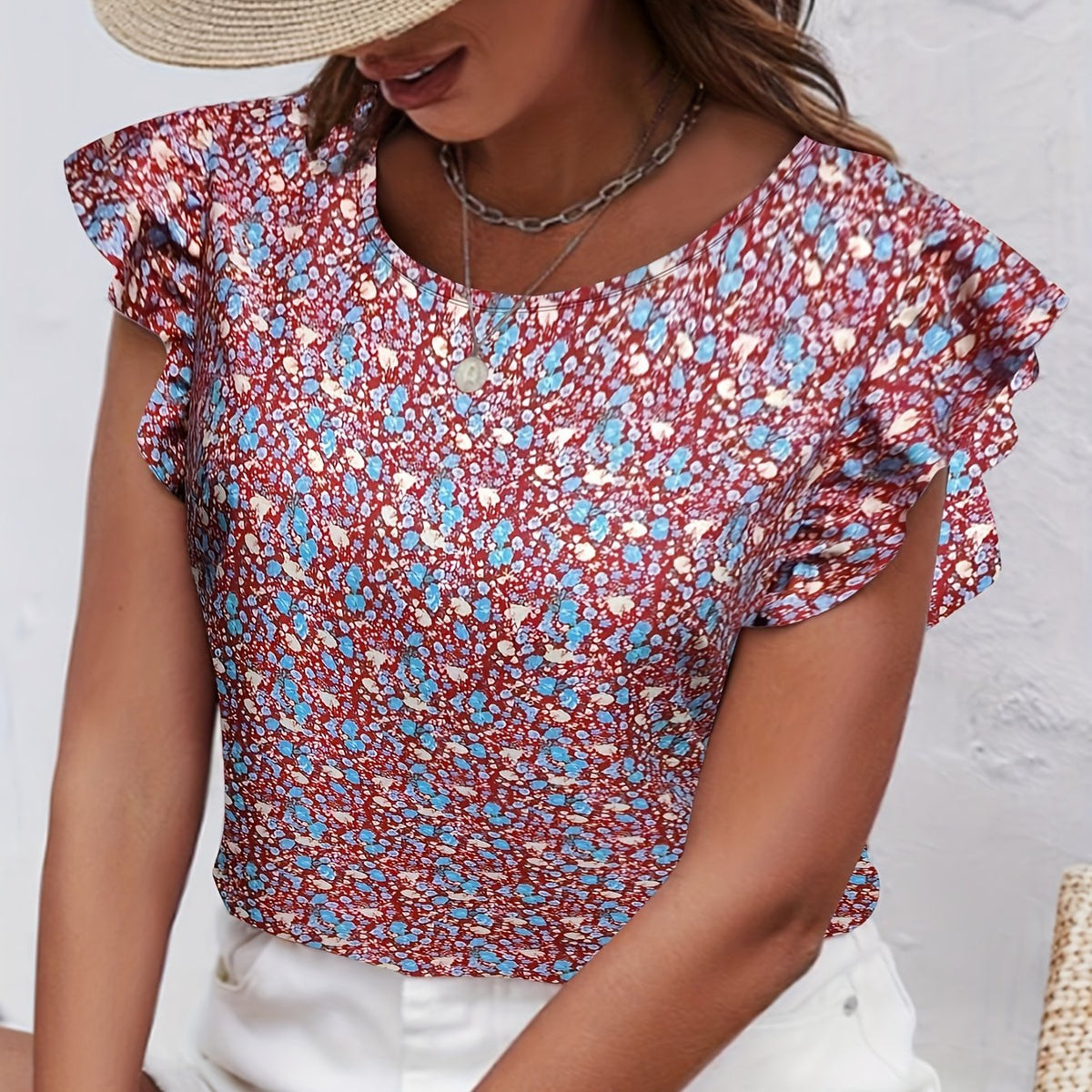  Ditsy Floral Print Ruffle Sleeve Blouse