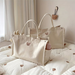 Bear Tote Bag Large Capacity Beige Canvas Handbag for Women