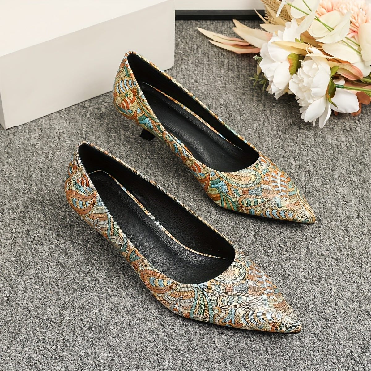 Women's Paisley Print Kitten Heels Slip On Low Heels Dressy Shoes