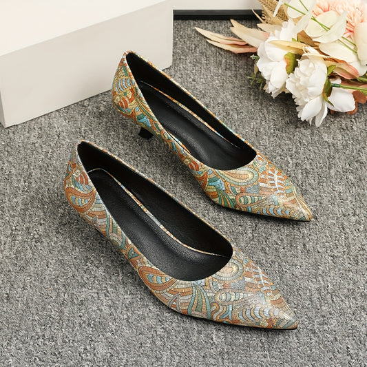 Women's Paisley Print Kitten Heels Slip On Low Heels Dressy Shoes