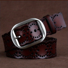 Vintage Leather Flower Belt Oval Buckle Waistband