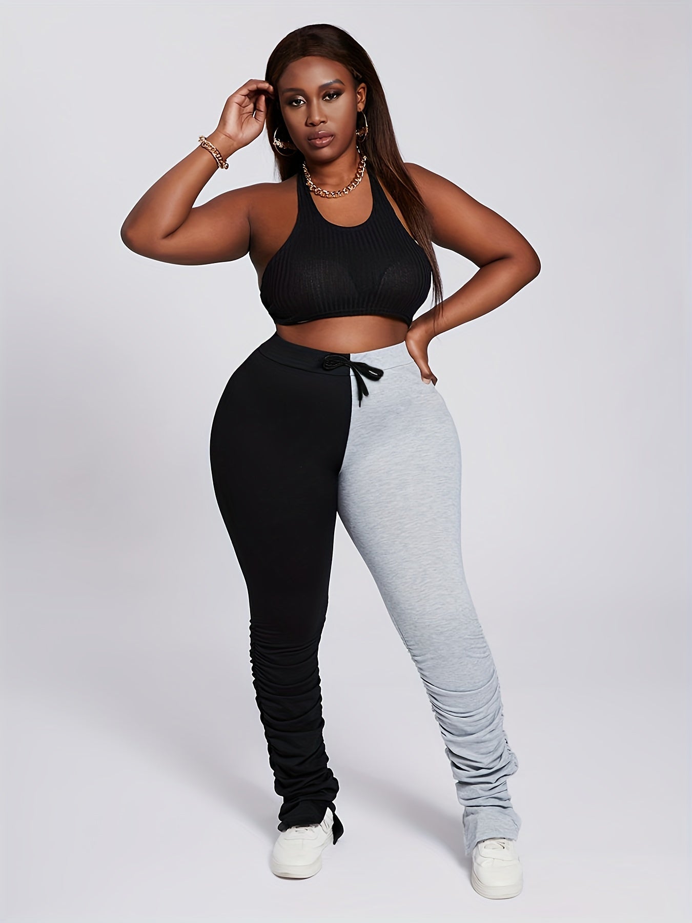  Colorblock Elastic Drawstring Ruched Leggings