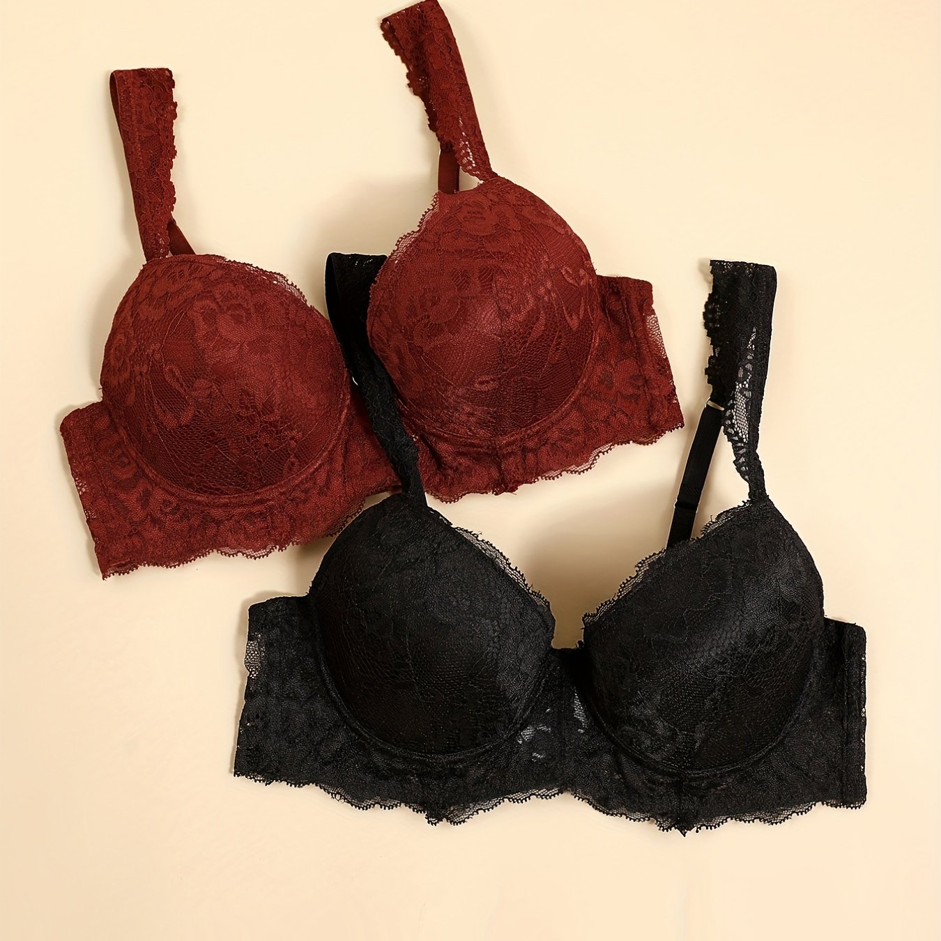 2pcs Contrast Lace Push Up Bras Comfy & Breathable Intimates
