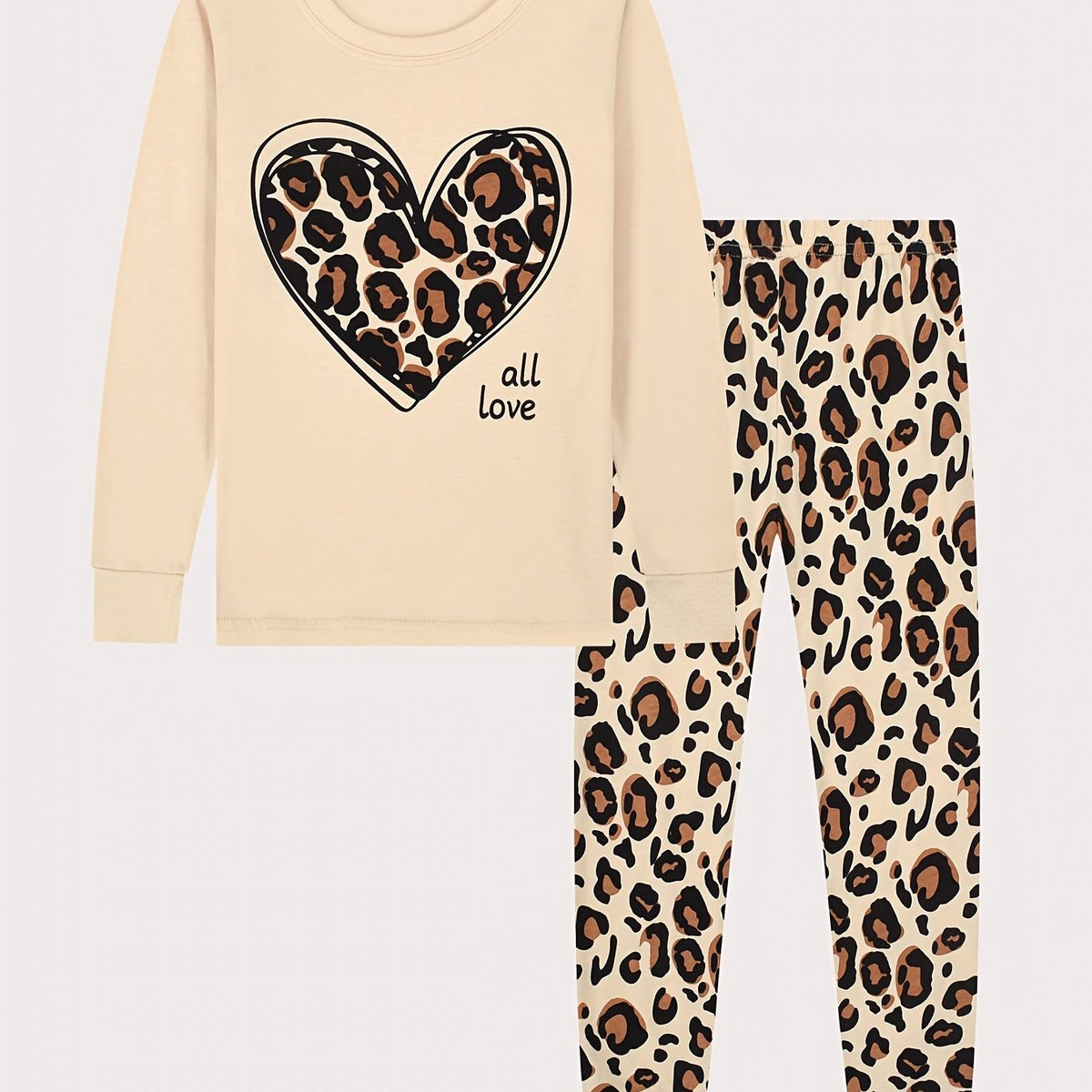 Leopard Pattern Pajamas Long Sleeve Top & Pants Set Heart Print Loungewear