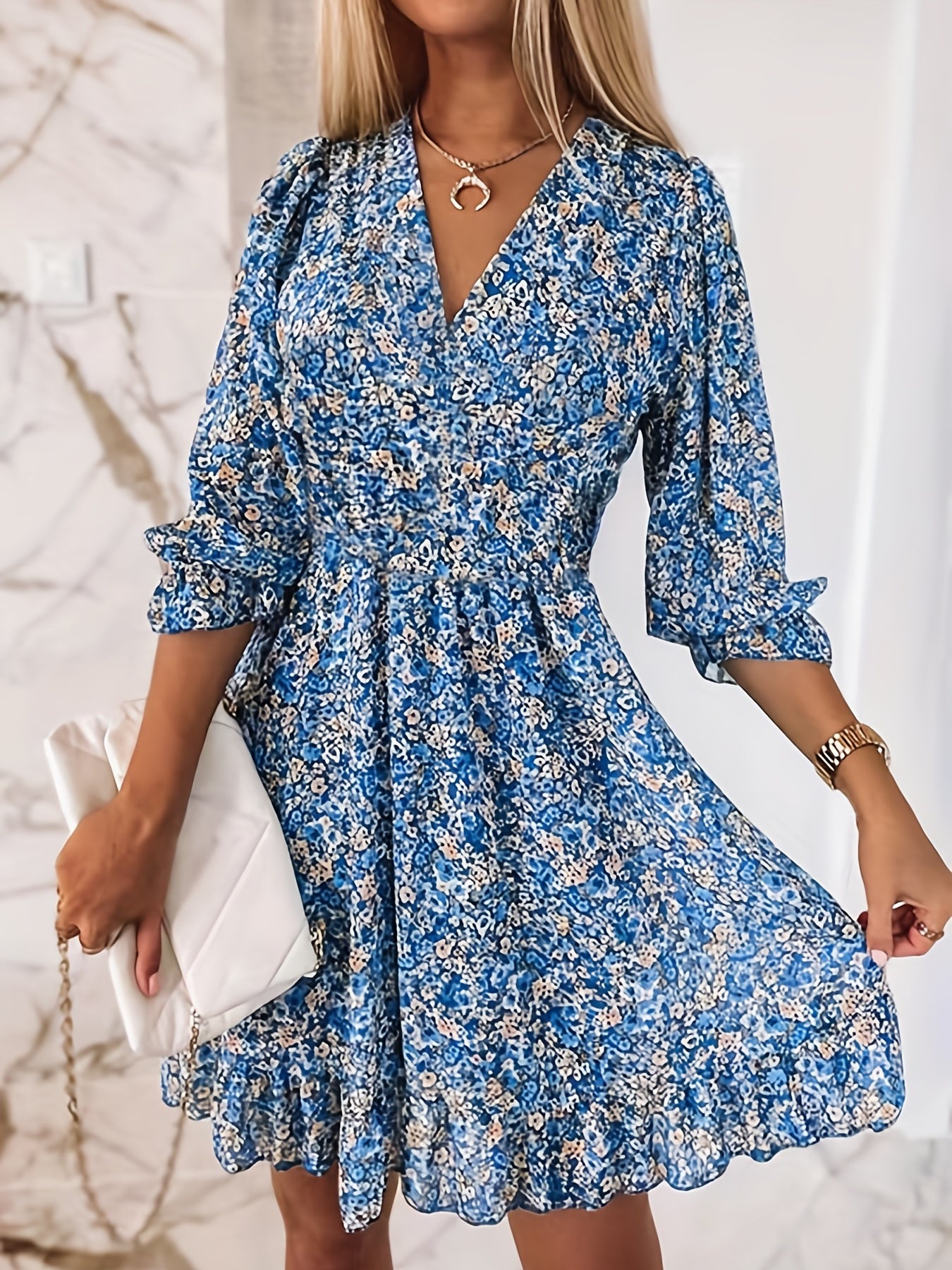 Floral Print Shirred Waist Dress V Neck Casual Dress