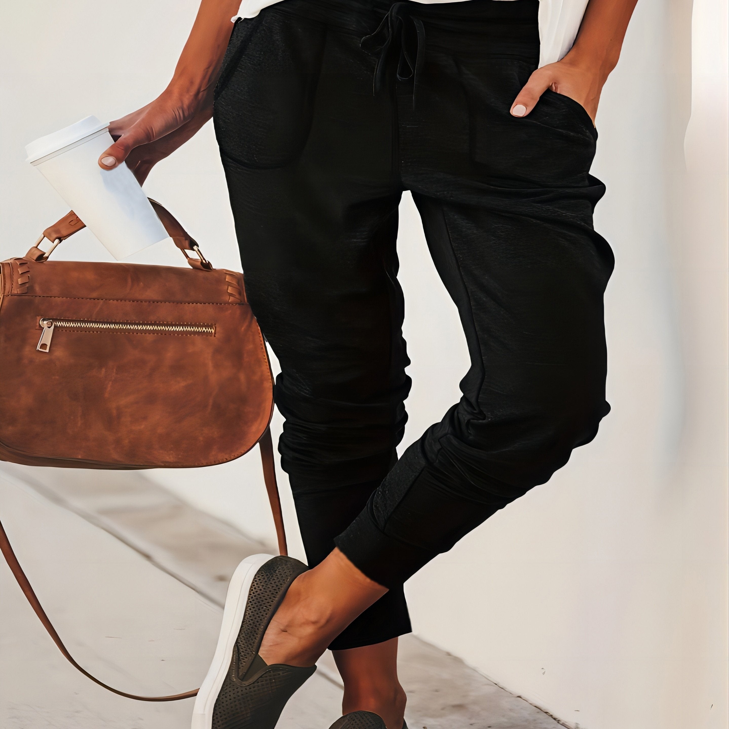  Solid Stitching Elastic Drawstring High Rise Trousers