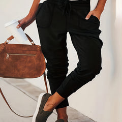  Solid Stitching Elastic Drawstring High Rise Trousers