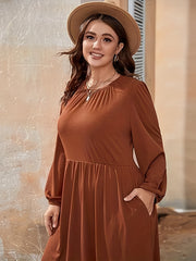  Ruched Lantern Sleeve Round Neck Dress