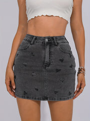 Heart Pattern Grey Denim Mini Skirt High Rise Zipper Button Closure