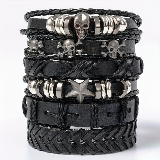 Vintage Punk Style Multilayer Skull Decor Leather Bracelet Set