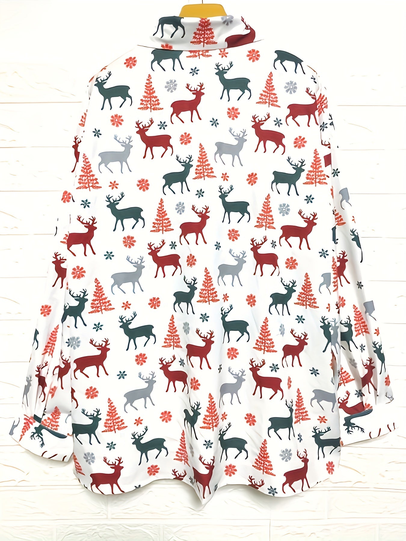 Plus Size Christmas Elk & Tree Print Long Sleeve Blouse