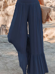  Solid Elastic Waist High Rise Wide Leg Trousers