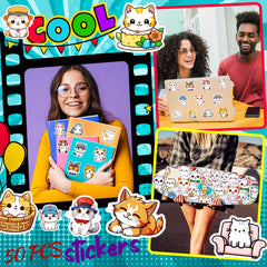 50pcs Cat Stickers Pack Waterproof Vinyl Cartoon Cat Stickers