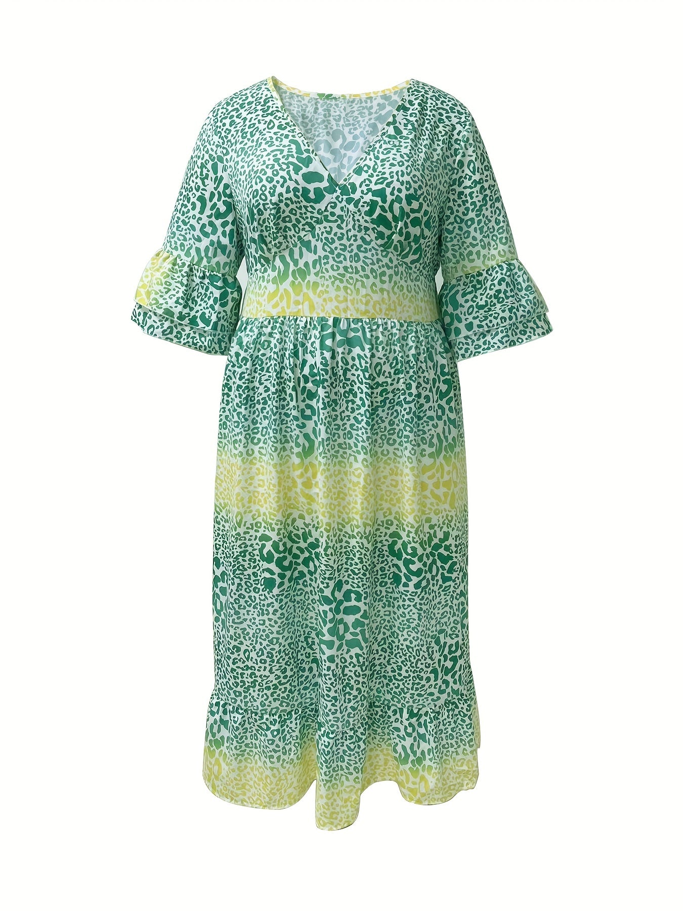  Colorblock Leopard Print Bell Sleeve V Neck Maxi Dress