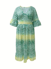  Colorblock Leopard Print Bell Sleeve V Neck Maxi Dress