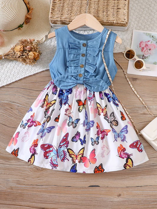 Girl's Sleeveless Denim Leopard Print Dress