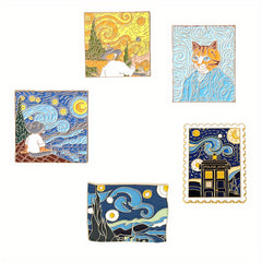 Sunflower Night Sky Enamel Pins - Oil Painting Art Brooches