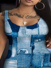  Denim Print Square Neck Tank Dress