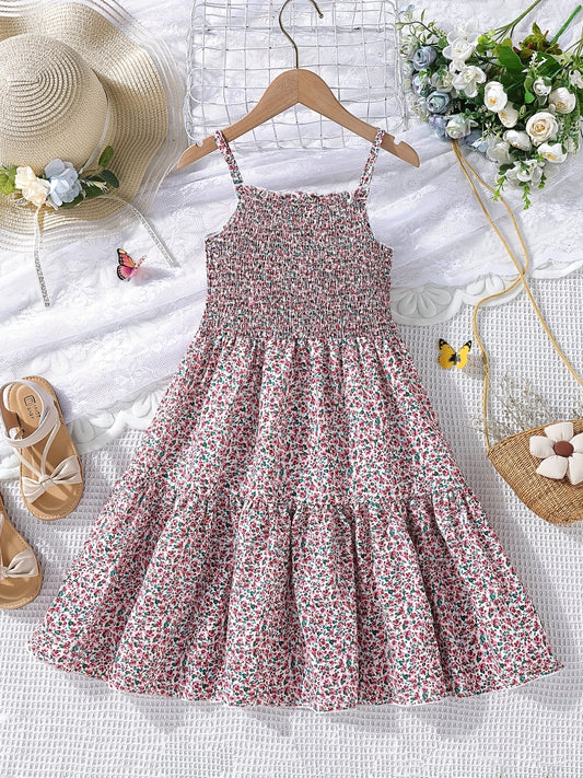 Girl's Floral Shirred Strappy Cami Dress For Party Beach Holiday