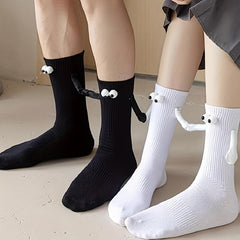 Creative Sweat-absorbing Mid-calf Socks with Magnetic Hand Holding Dolls